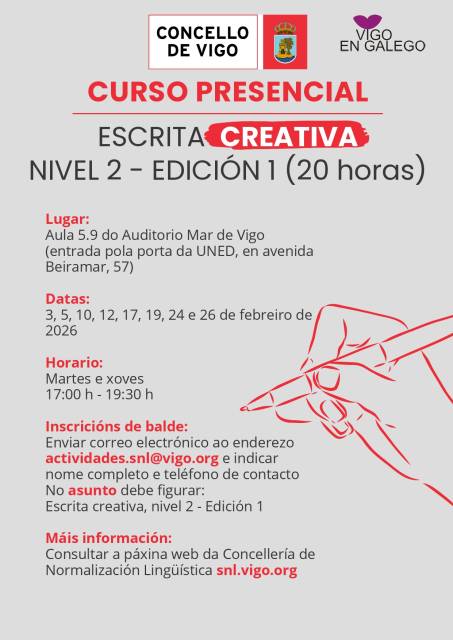 Curso de escrita creativa_nivel 2 (febreiro 2026)_aberto o prazo de inscrición