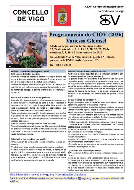 Módulos de poesía, impartidos por Vanessa Glemsel do 17 de setembro ata o 12 de novembro de 2026. Programación do CIOV