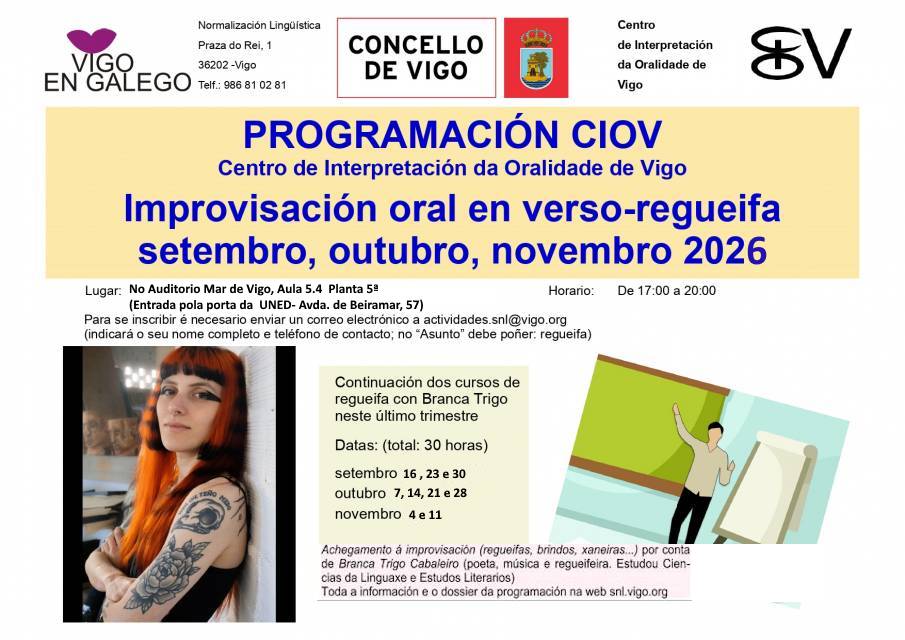 Improvisación oral en verso-regueifa (setembro, outubro e novembro 2026). Programación do CIOV